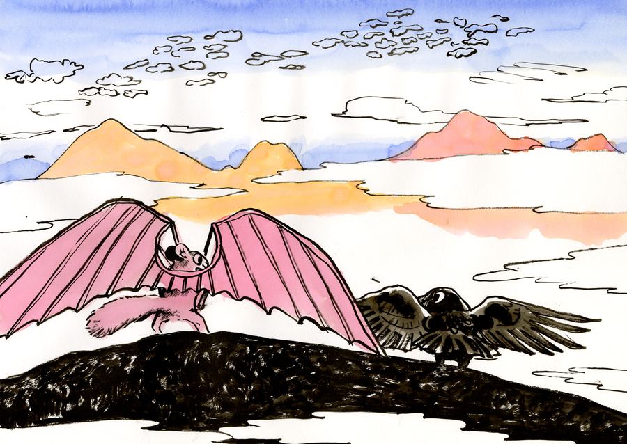Air: a winged pink creature and a crow on a hill above the clouds