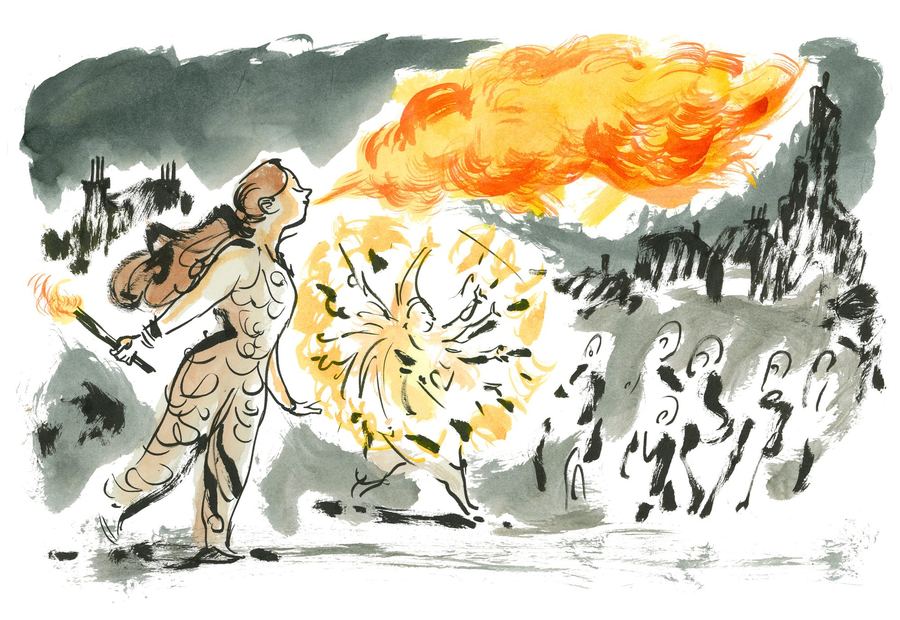 Fire: a girl with a torch breathes fire as fireworks burst