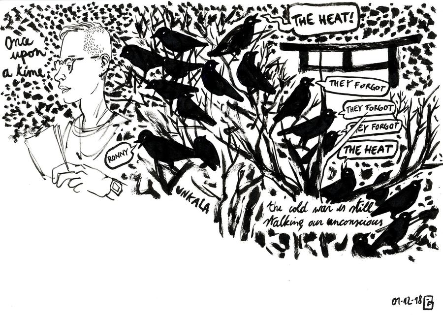 Crows in a dark wood, lettered ‘the cold war is still stalking our unconscious’