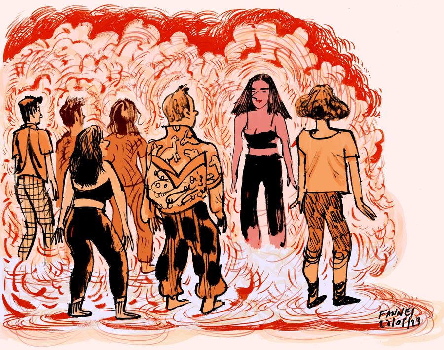 A group of people in a red, swirling space, ink and colour