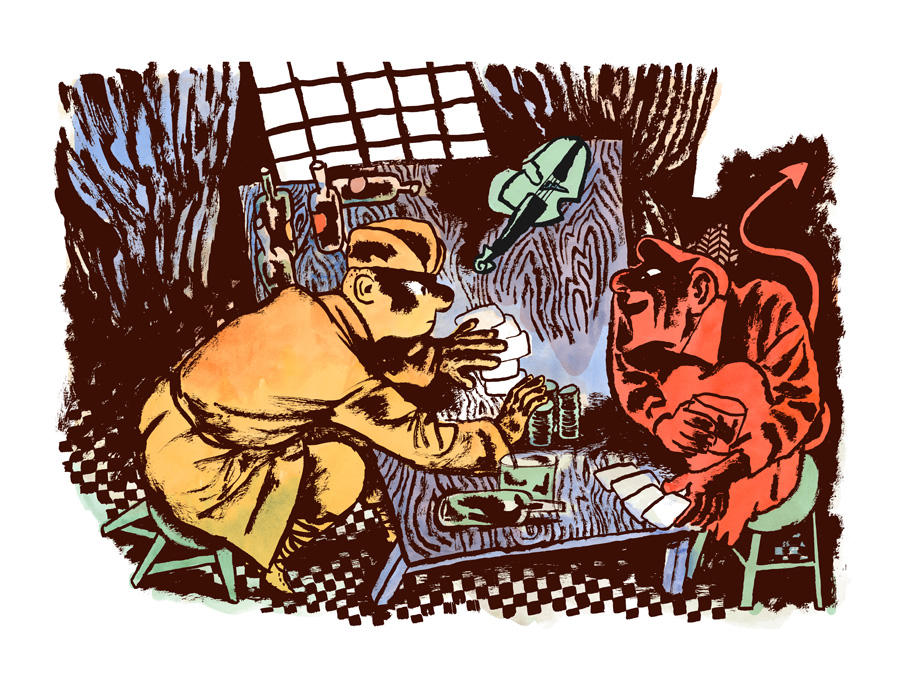 The soldier and the devil playing cards at a table, bold colour