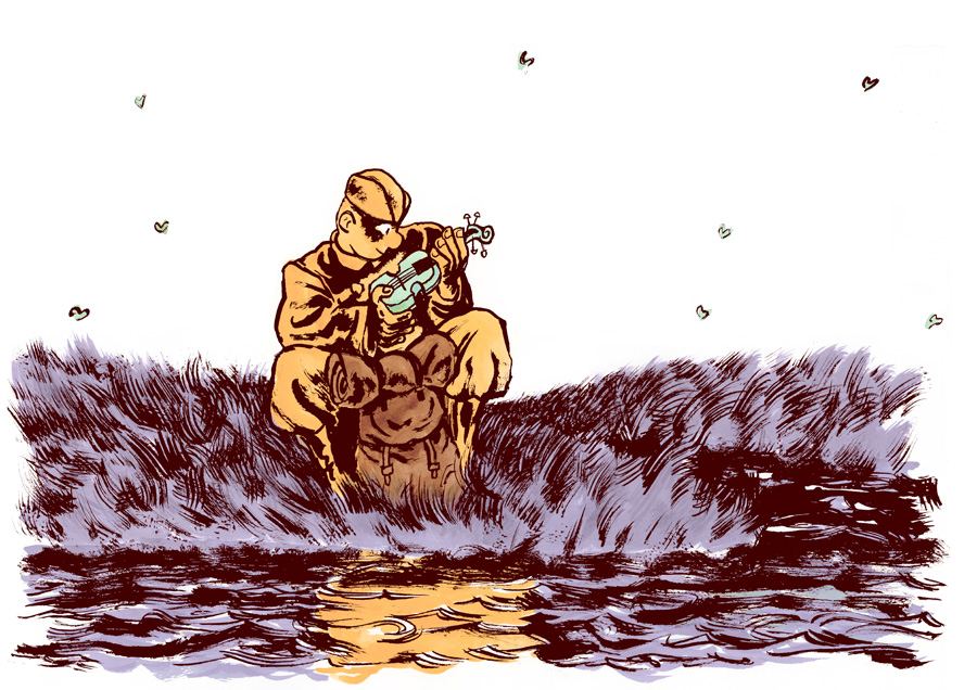The soldier plays the violin sitting in the grass
