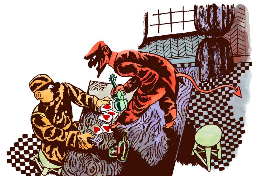 The soldier and the devil trade cards and the violin
