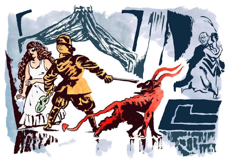 The soldier drives off a red devilish beast while the princess watches