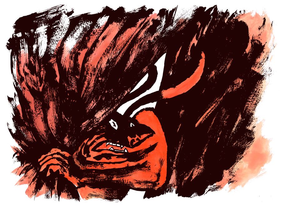 The grinning devil in the dark, red and black