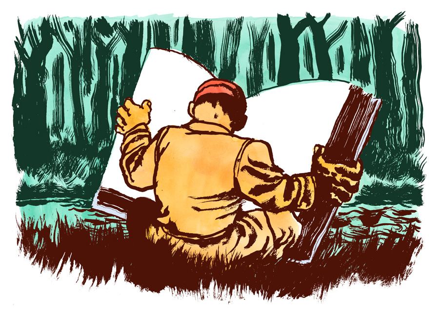 The soldier reads a huge book in the forest