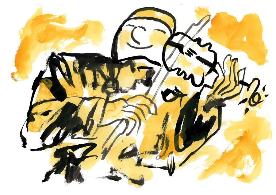 A violinist playing, loose black line on yellow